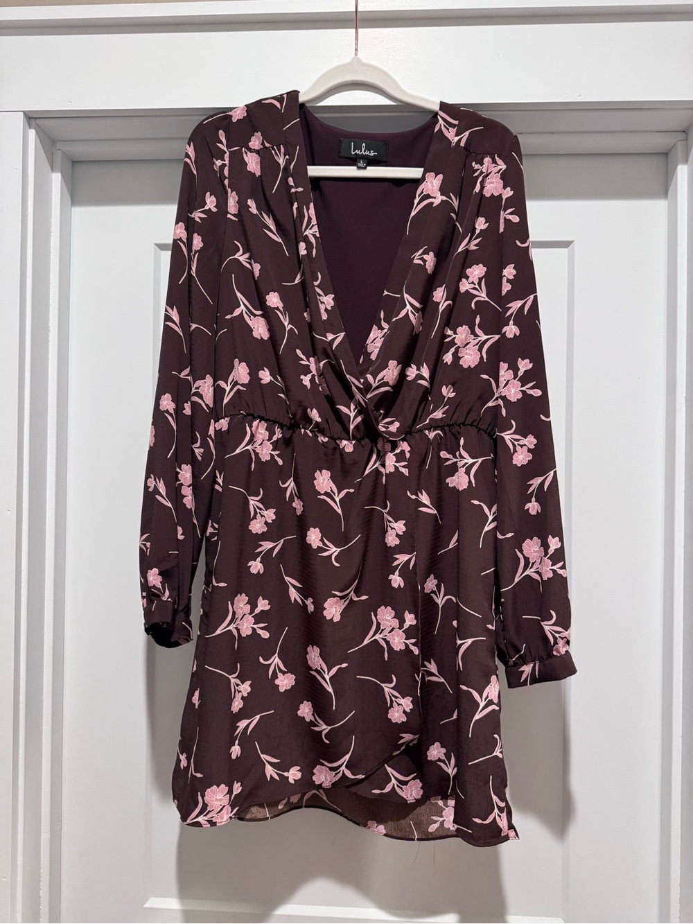 Lulu's Chocolate Brown Dress with Pink Floral Print, Long Sleeve Surplice Large